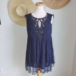 Zara Woman Navy Blue Appliqued Beaded Sheer Top